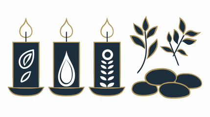 Stylized candles with decorative elements and plant sprigs, all in a flat, illustrative style