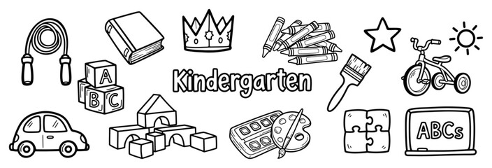 Kindergarten school supplies and educational toys icons set in hand drawn doodle style