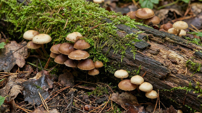 Rustic Macro Shot of Mushrooms on Forest Floor Texture. Authentic macro detail of wild mushrooms growing on textured decomposing log with rich earthy tones and forest debris
