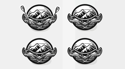 Four circular monochrome illustrations depict a mountain scene with a boat on water