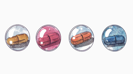 Watercolor illustration showcasing four capsules in bubbles, each a different color