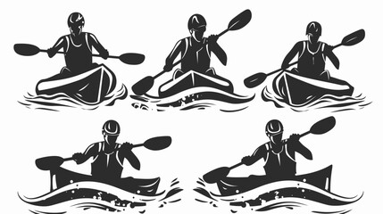 Black and white illustration of people in kayaks, navigating waves with paddles