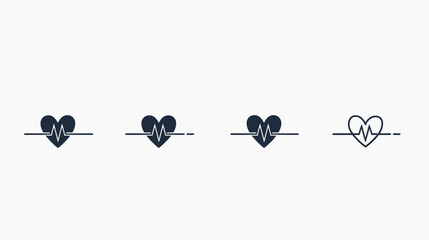 Four black heart symbols with a line graph of a heartbeat, on a white background