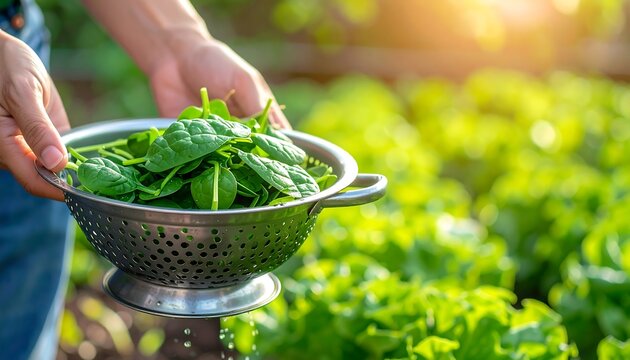 Hands hold a colander of fresh spinach in a lush, sunny garden, capturing a scene of healthy eating