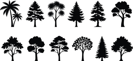 Collection of diverse tree silhouettes