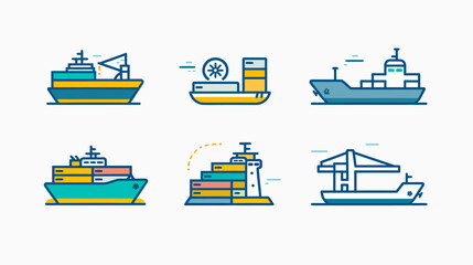 Colorful vector illustrations of various cargo ships and vessels on a clean white background