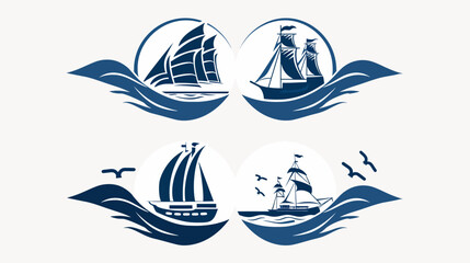 Four stylized sailboat designs, each within a circle and atop stylized waves; birds also present