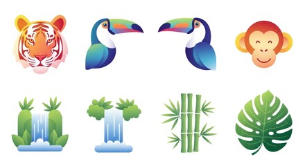 Fototapeta premium Colorful wildlife and nature elements tiger toucan monkey waterfalls bamboo leaf