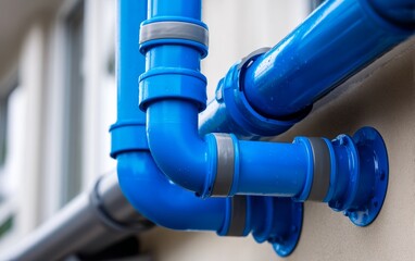 Installation of Bright Blue Drainage Pipes on Building Facade for Water Management