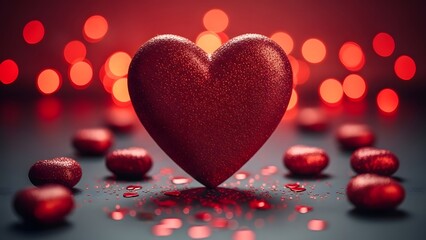 A large red heart surrounded by smaller hearts and bokeh lights on a dark background