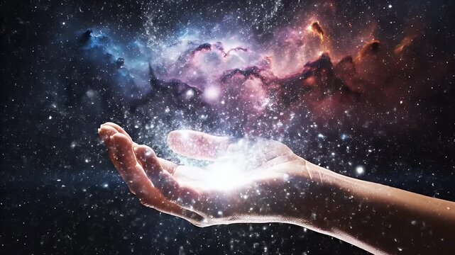 A Parallel Universe Cradled in an Open Hand Against a Starry Nebula
