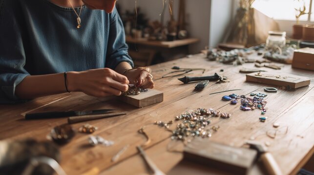Crafting jewelry with beads and metal in a workspace on a wooden table