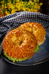 Breakfast sandwich on a bagel.