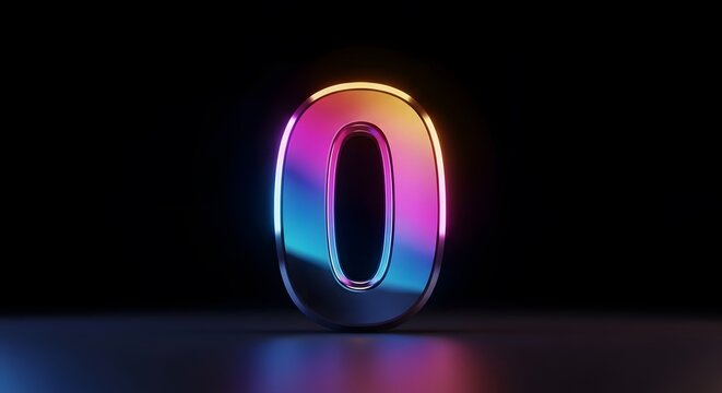 Glowing neon number zero in dark background