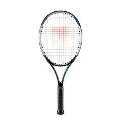 Tennis racket with red logo on strings on white background for athletic sport