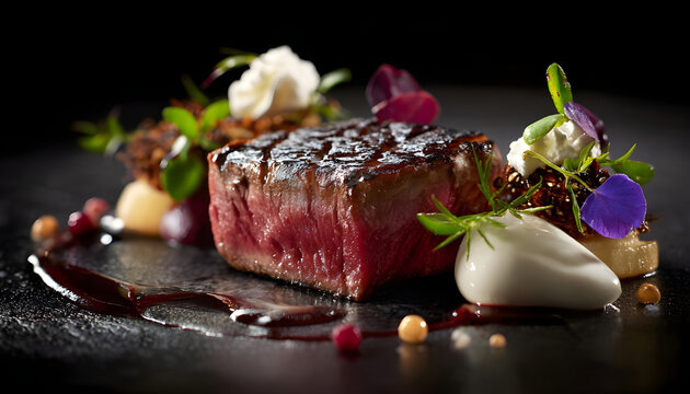 gourmet food photography, high-end steak dish presentation with dramatic lighting and black background, reminiscent of michelin-star dining