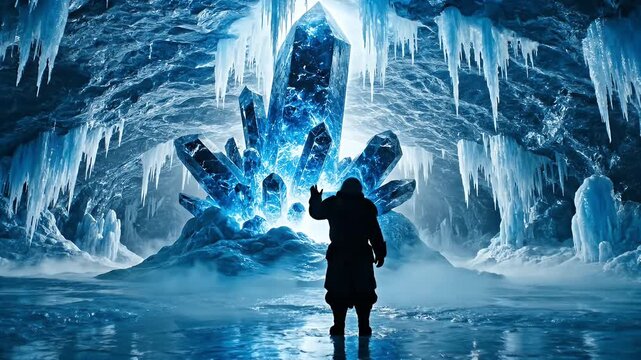 A solitary explorer stands before a towering blue crystal cavern in an icy grotto