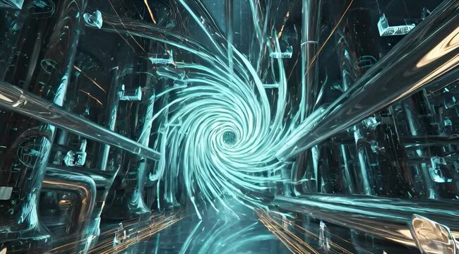 Central digital energy vortex within a dark metallic futuristic tunnel structure with glowing blue and gold detls