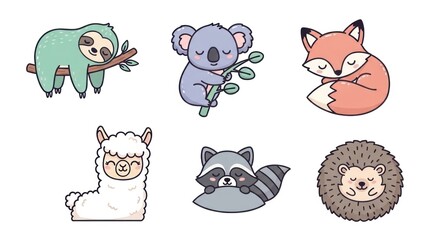 Fototapeta premium Cartoon animals collection sloth koala fox llama raccoon and hedgehog