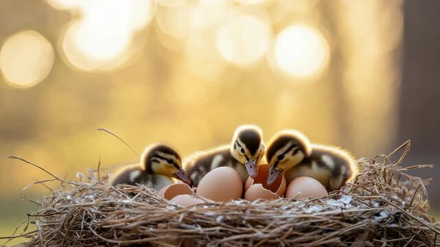 Ducklings hatch from eggs in a nest during sunrise in a natural setting
