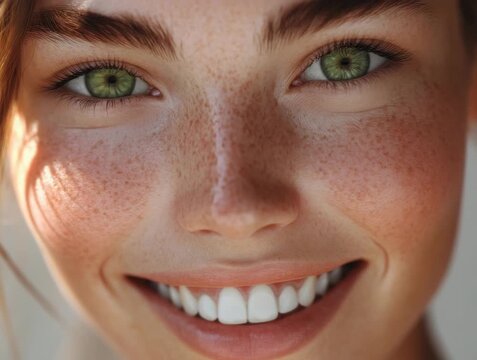 Smiling woman with freckles and green eyes in bright light showing joy and warmth in a close-up shot