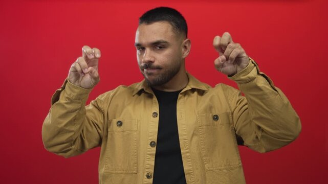 Man wearing tan jacket holds air quotes gesture with both hands in studio against red background; skepticism.