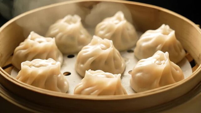 Freshly steamed dumplings sit hot in a bamboo basket