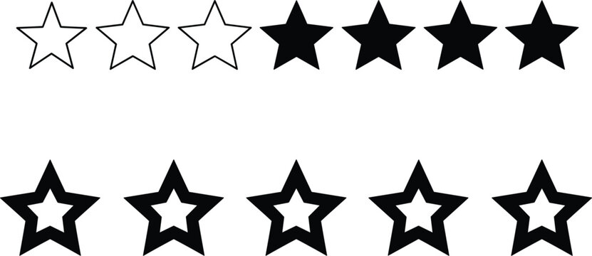 Black star icon set with solid outline and half filled shapes for customer rating review feedback ranking system and quality excellence evaluation vector illustration.
