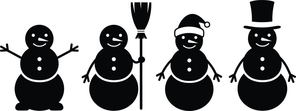 Black snowman silhouette vector icon set featuring winter characters with broom Santa hat and top hat for Christmas holiday greeting cards and seasonal celebration design.
