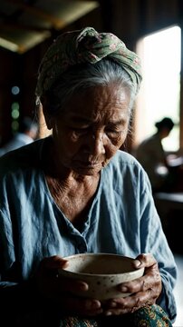 Elderly Woman Holding Bowl in Dimly Lit Room.