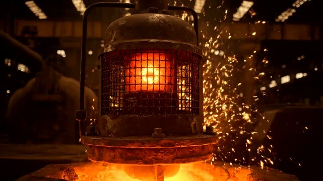 Industrial sensor detects fire hazard activation inside factory at night or Protective system activates near molten metal in foundry at night
