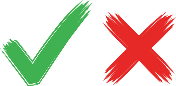 Hand drawn green check mark and red cross icons with brush stroke texture for voting surveys decision making pros and cons and validation.