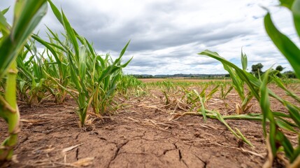 Drought-affected Cornfield with Cracked Soil Under Cloudy Sky
