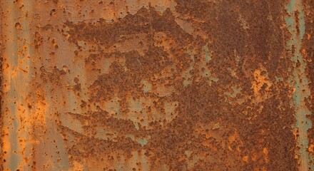A close-up of a rusty metal surface with orange and brown hues, rough texture, and visible corrosion