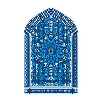 Intricate blue stained-glass window design with symmetrical floral pattern and geometric borders