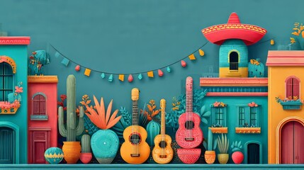 Naklejka premium Vibrant 2D Illustration of a Lively Street Parade with Colorful Decorations