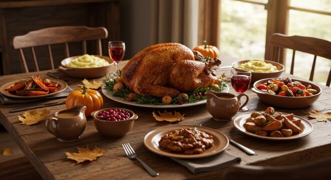 Traditional Thanksgiving Feast Served on Wooden Table
