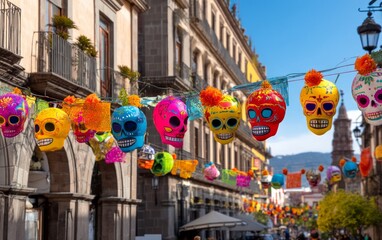 Fototapeta premium Colorful Sugar Skulls Decorate Street for Day of the Dead Festival in Mexico