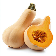 Whole and halved butternut squash with vibrant orange flesh and seeds isolated on a white background