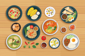 Thai food and ingredient on a wooden background.