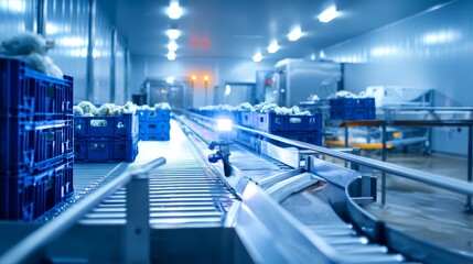 Naklejka premium Nighttime Operations in Refrigerated Seafood Processing Plant Facility