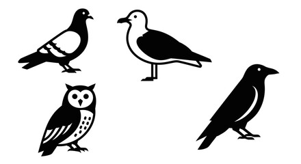 Obraz premium Black and White Bird Icons Collection: Pigeon, Seagull, Owl, and Crow Silhouettes