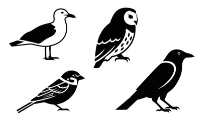 Obraz premium Black and White Bird Icons Set: Seagull, Owl, Sparrow, Crow Vector Graphics