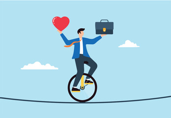 Flat illustration of businessman riding unicycle and balancing heart briefcase on tightrope work life balance managing stress © RASEL