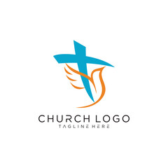 Abstract blue cross with orange wings logo symbol for church or faith organization