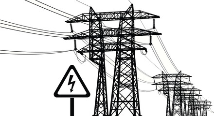 A striking depiction of high voltage power lines warning sign and towers in a minimalist style silhouette on transparent background © mrvect02