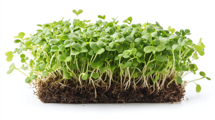 Fresh green microgreens growing in dark organic soil isolated on a white background