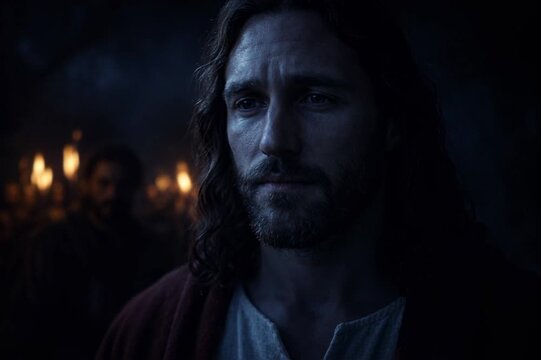 Jesus Praying in the Garden of Gethsemane at Night as Judas Approaches with Torch-Carrying Soldiers