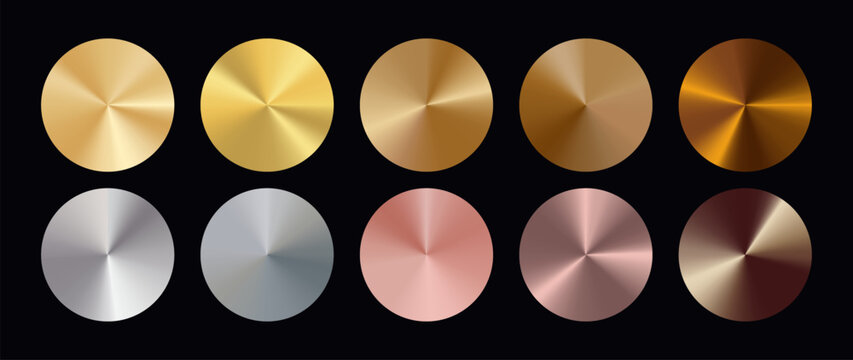 Metal radial gradients. Polished backgrounds of gold, silver, rose gold, bronze, chrome effects. Smooth circular light transitions with foil texture, metallic shine. Circle holographic backdrops set