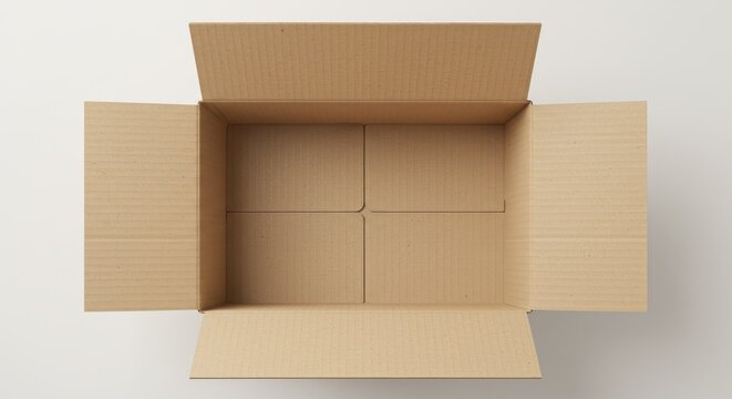An empty open cardboard box on a plain white background